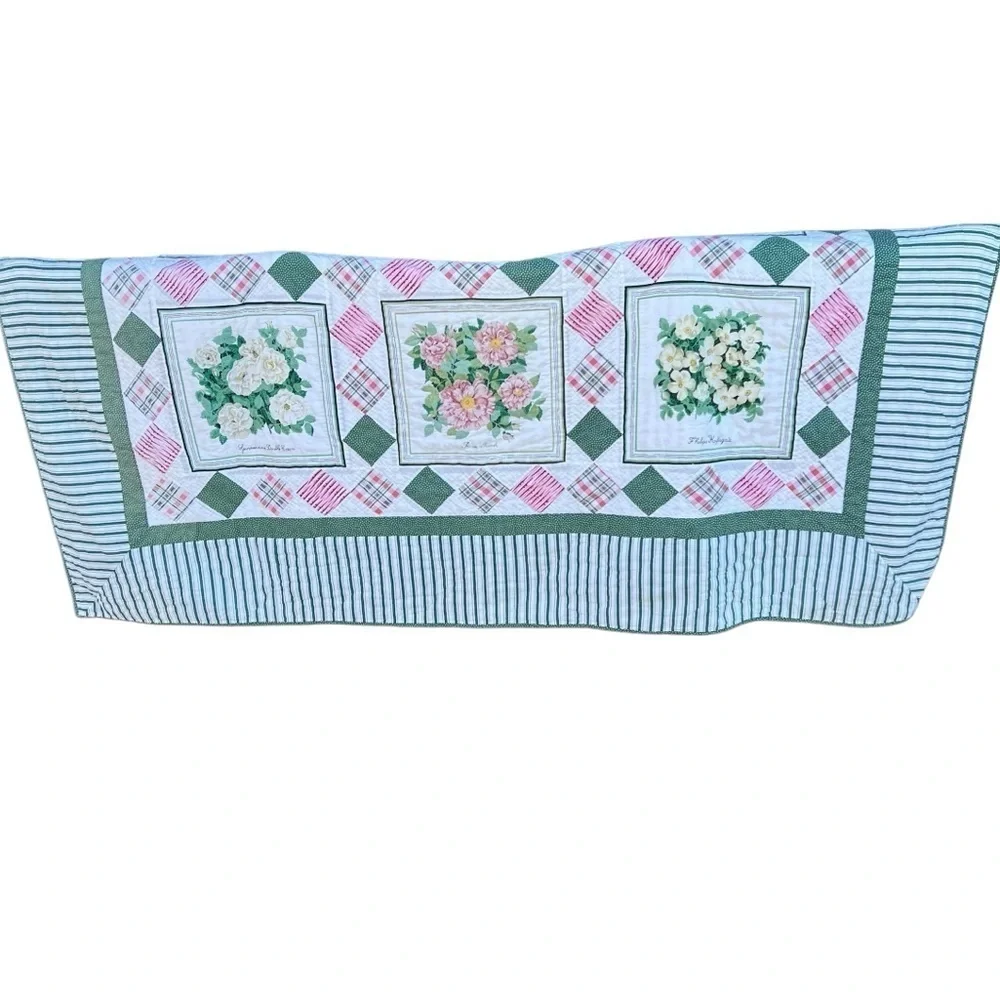 VTG Garden Block Quilt Floral Striped Reversible Hand Sewn Pink Green 82x84 FLAW